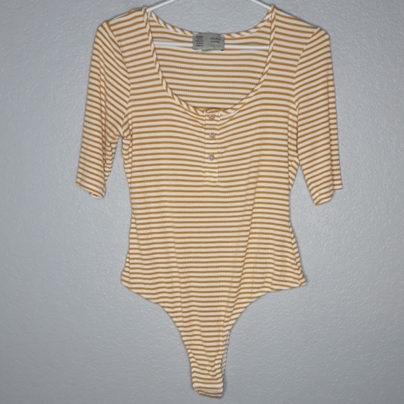 Anthropologie Tops - Anthropolgie Mustard Cream Stripe Button Bodysuit